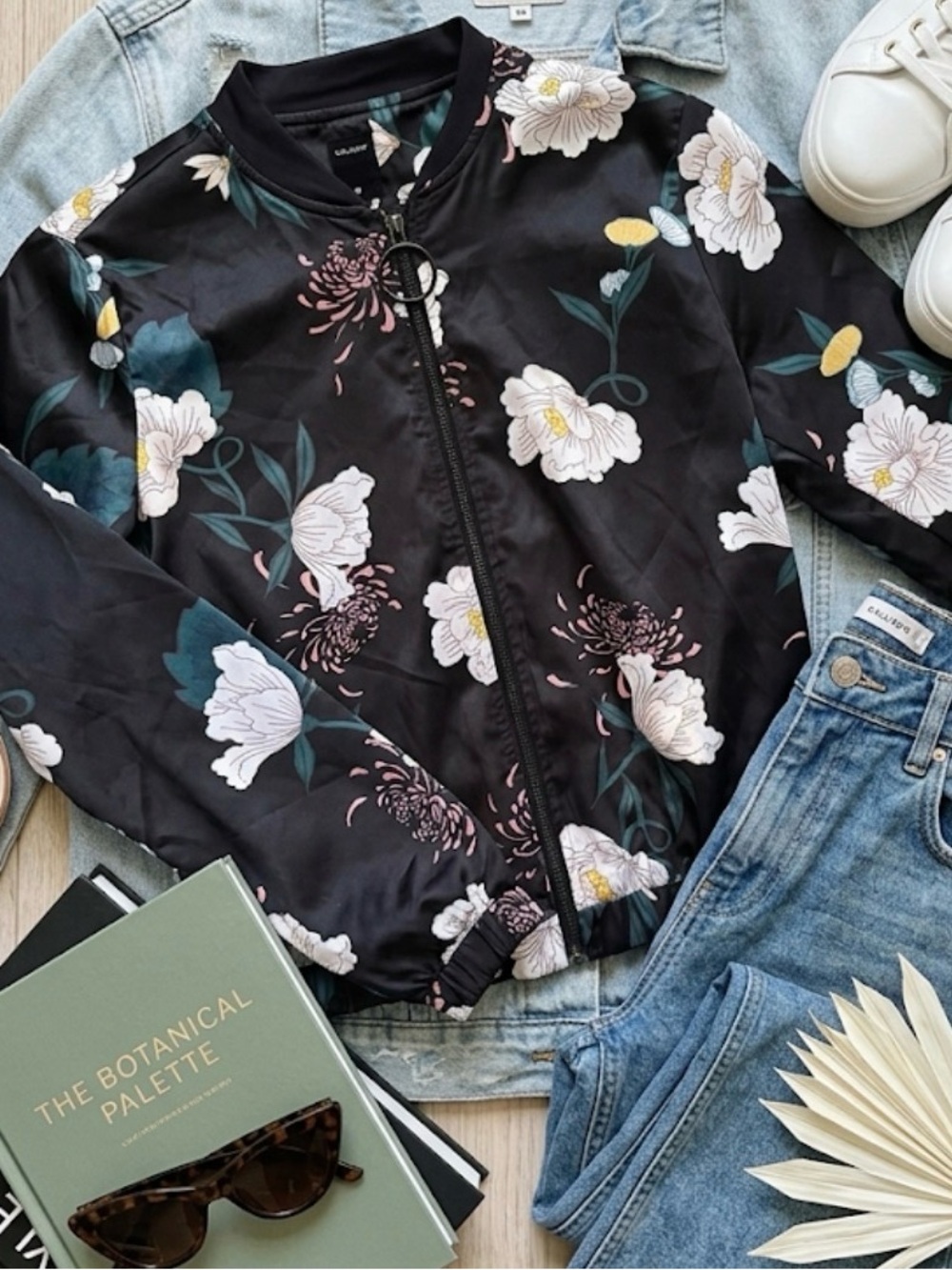 Calliope Floral Satin Bomber Jacket O-Ring Zipper Black XS